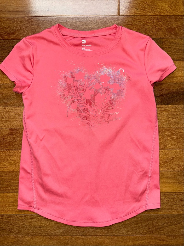 All In Motion Pink Short Sleeve Tee With Silver Heart Floral Graphic